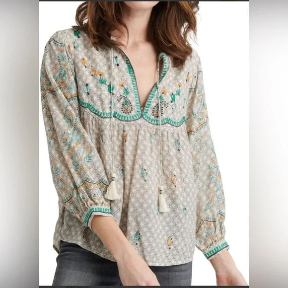 Lucky Brand Large Evelyn Embroidered Peasant Bohemian Tassel Balloon Sleeve Top - Picture 2 of 12
